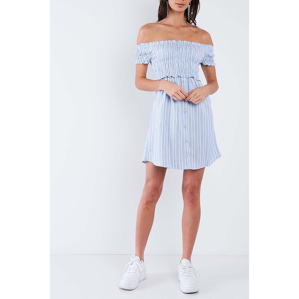 Blue Striped Off the Shoulder Shirred Button Down Dress
